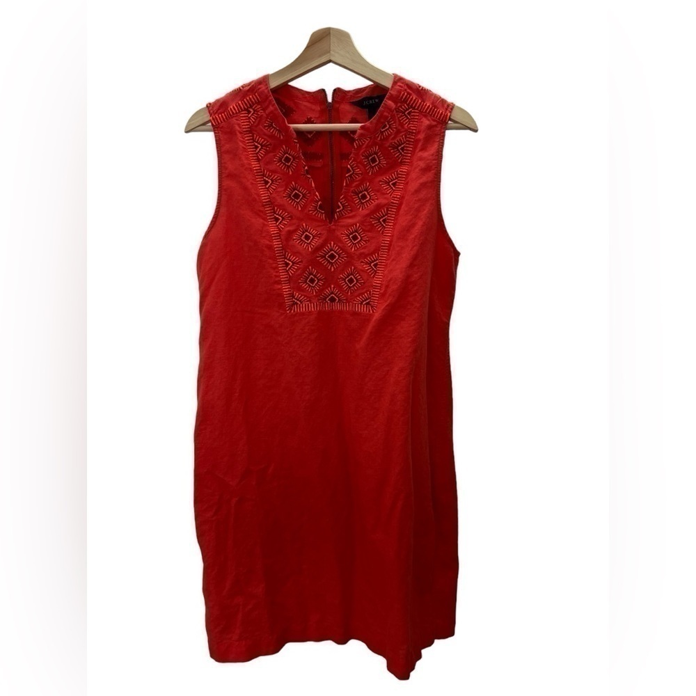 J. Crew Coral Sleeveless Embroidered Sunburst
Linen Blend Sheath Dress Size Sm
